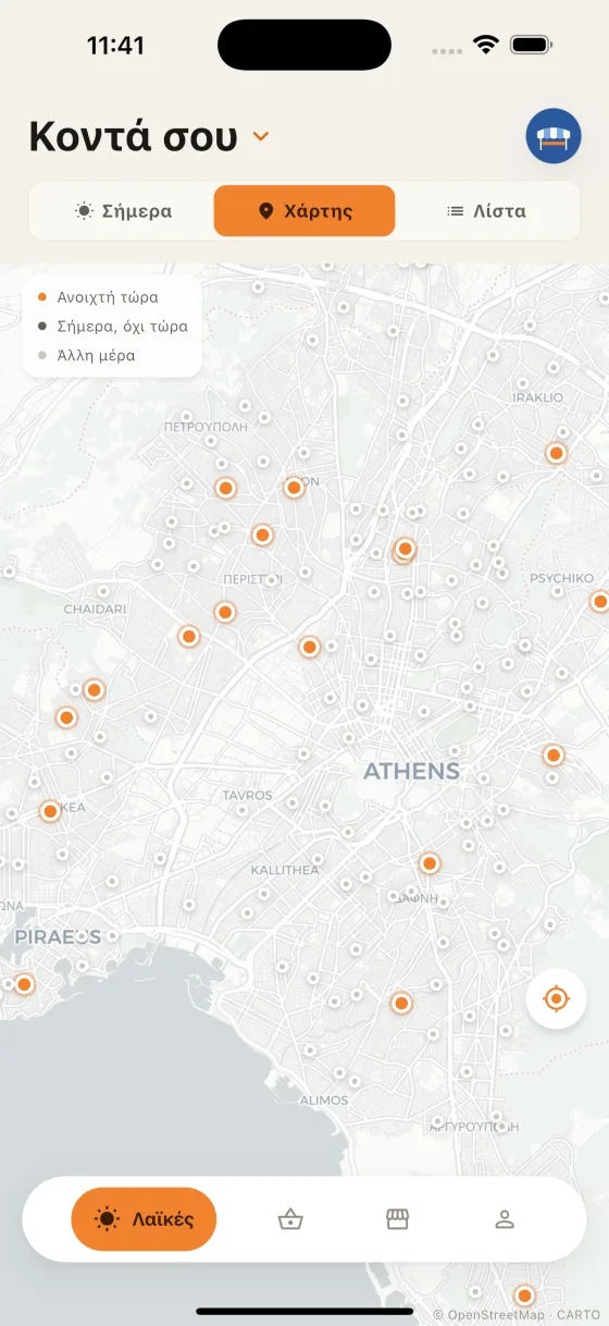 Χάρτης της Αθήνας με τις λαϊκές της ημέρας σημειωμένες.